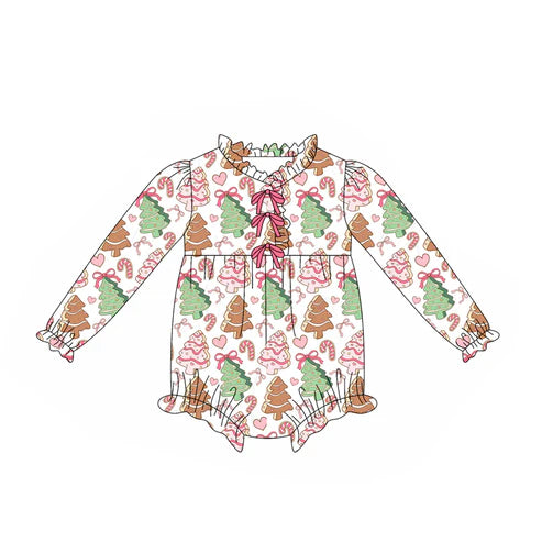 7.25 LR2483 Baby Girls Long Sleeves Christmas Trees Candy Cane Ruffle Rompers