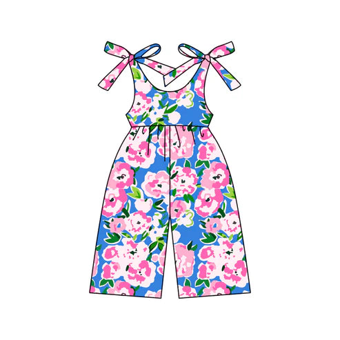 3.29 SR2985 Baby Girls Blue Bows Strap Watercolor Floral Jumpsuits Preorder