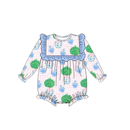 6.12 LR2254 Baby Girls Long Sleeves Pink Plaid Flowers Ruffle Rompers Preorder
