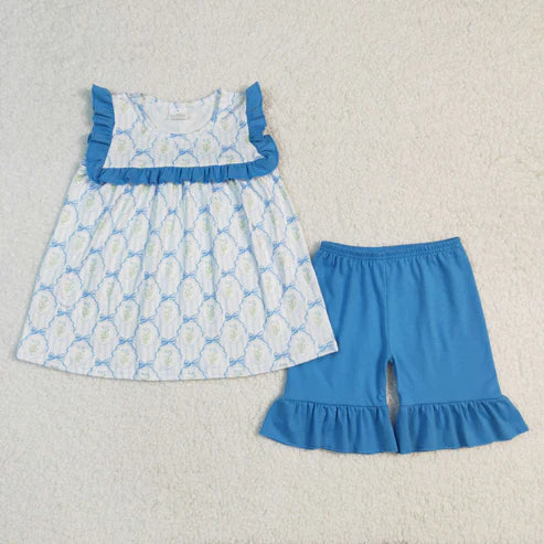 GSSO2004 Baby Girls Blue Bows Flowers Tunic Ruffle Shorts Set