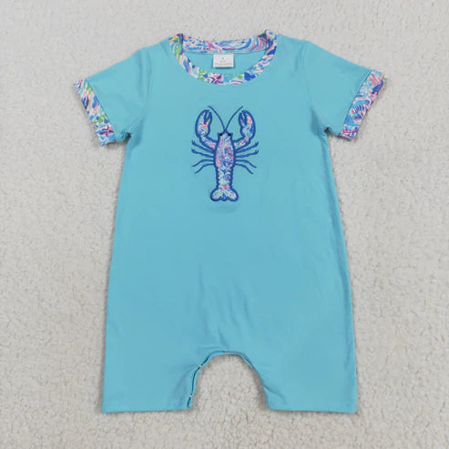 8.13 SR3044 Embroidery Baby Boys Blue Short Sleeves Floral Crayfish Romper