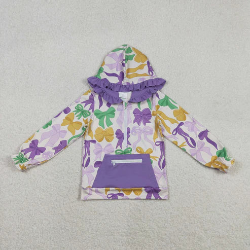 11.26  GT1222 Baby Girls Mardi Gras Bows Pocket Zipper Ruffle Hoodies Top