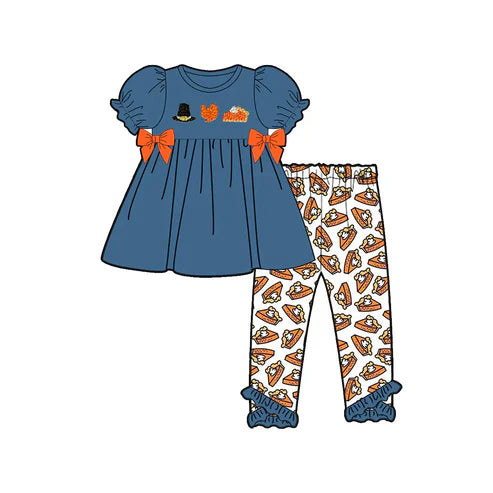 5.20 GSPO2028 Baby Girls Navy Short Sleeves Turkey Hat Tunic Pockets Ruffle Pant Set Preorder