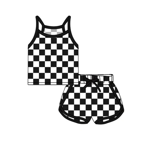 GSSO2334 Baby Girls Black Strap Plaid Top Short Sport Set Preorder