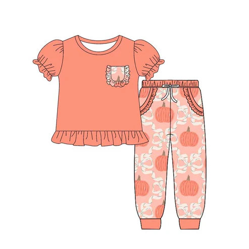 6.30 NO MOQ sales GSPO2021 Pre-order baby girls clothes pumpkin short sleeve pants sets
