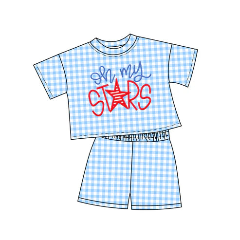 4.24 GSSO2578 Baby Girls Blue Plaid My Stars Top Short 4th Of July Pajamas Set Preorder