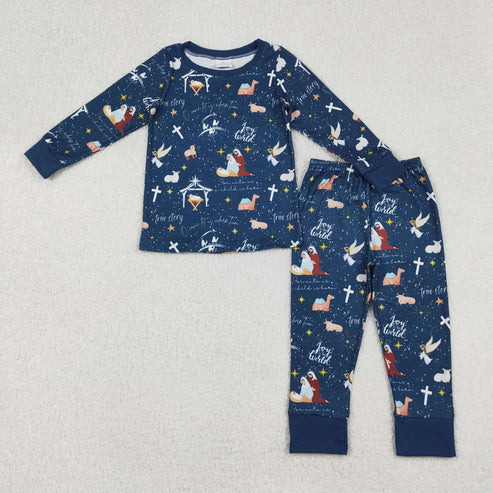 9.10 BLP1198 Baby Boys Hot Blue Nativity Top Pant Christmas Pajamas Set