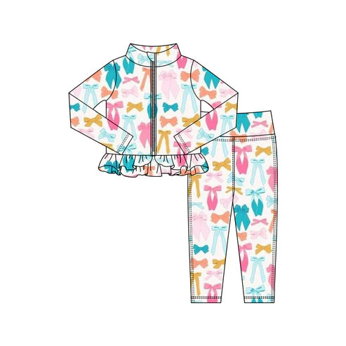10.27 GLP3000 Baby Girls Colorful Bows Plaid Zipper Jackets Ruffle Top Leggings Yoga Clothes Sets Preorder