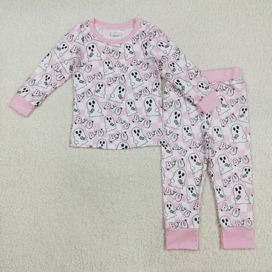 8.15 GLP2433 Baby Girls Pink Plaid Long Sleeves Ghost BOO Top Pant Pajamas Set