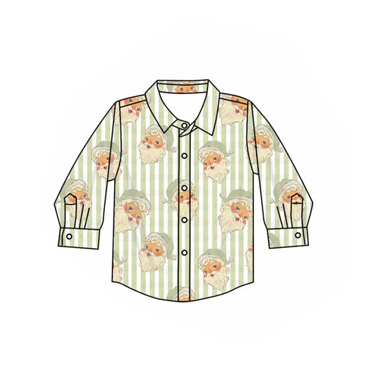 6.16 BT1255 Baby Boys Long Sleeves Aqua Stripe Santa Button Shirts Top Preorder
