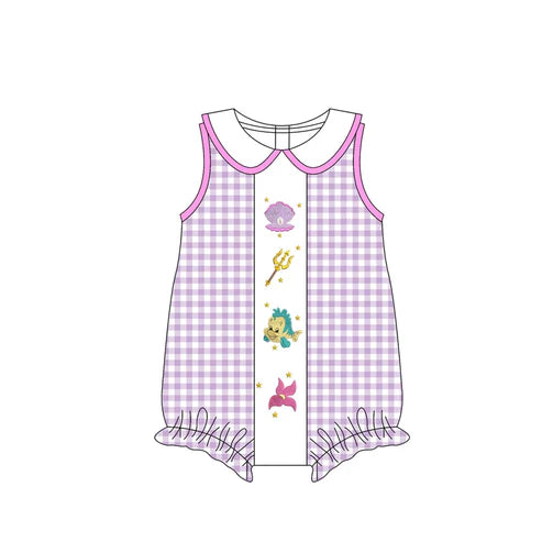 4.11 SR3033 Baby Girls Lavender Plaid Sleeveless Cartoon Fish Ruffle Rompers Preorder