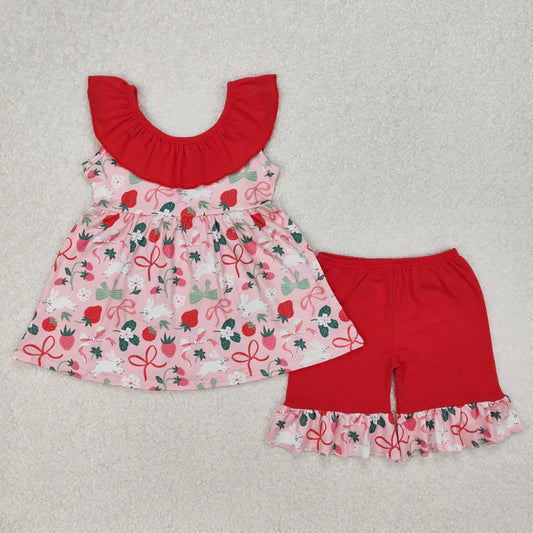 GSSO1914 Baby Girls Strawberry Bows Tunic Ruffle Shorts Clothes Set