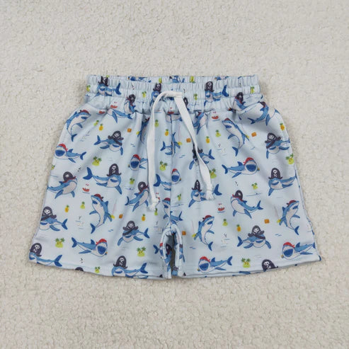 12.27 RTS NO MOQ（In Stock) Pirate Shark Light Blue Swim Trunks