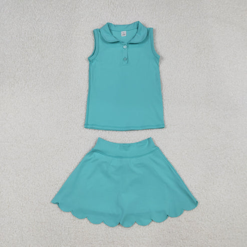 9.24 GSD2349 Baby Girls Aqua Sleeveless Button Top Skirt Yoga Set