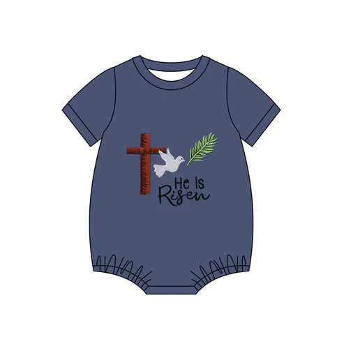 11.4 SR3443 Baby Boys Cross He is Risen Easter Rompers Preorder