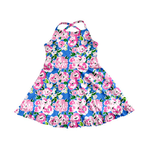 3.31  GSD2284 Baby Girls Blue Strap Colorful Floral Yoga Ruffle Knee Length Dresses Preorder