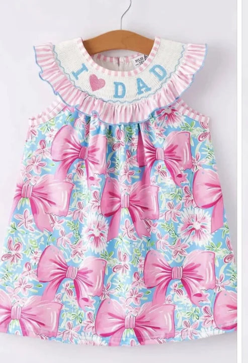 5.2  Custom Baby Girls I Love Dad Pink Flowers Bows Knee Length Dress(MOQ 3)