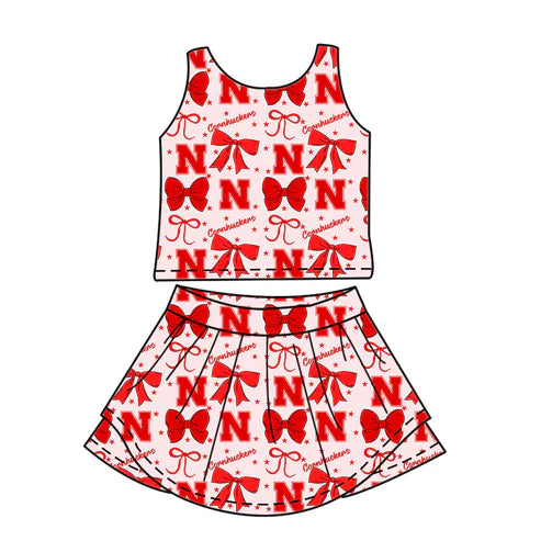 7.3 Custom Moq 3 Baby Girls Sleeveless Huskers Bows Vest Top Short Skirts Set