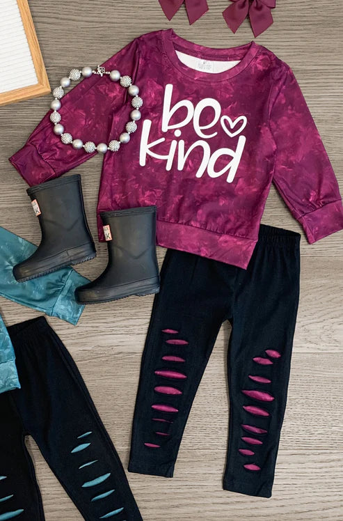 5.23 GLP1928 Baby Girls Be Kind Wine Tops Distressed Pants Clothes Sets Preorder