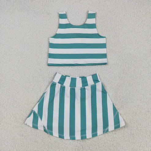 5.15 GSD2432 Baby Girls Sleeveless Green Stripe Top Skort Yoga Set
