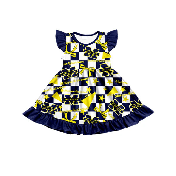 7.7 Custom Moq 3 Baby Girls Flutter Sleeves Michigan Wolverines Plaid Bows Team Knee Length Dresses