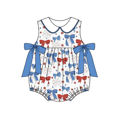 SR2886 Baby Infant Girls 4th Of July Blue Red Bows Sleeveless Rompers preorder