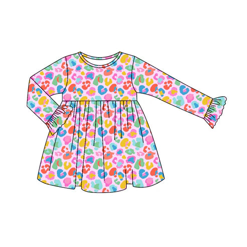 7.30 GLD1202 Baby Girls Long Ruffle Sleeves Colorful Leopard Knee Length Dresses