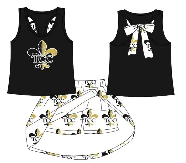 8.19 Custom Moq 5 Baby Girls Black Saints bow vest team Top Skirt Skort Sets