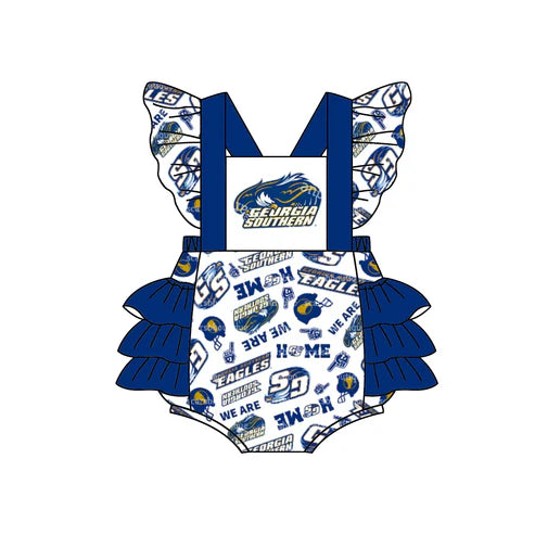 4.26 Preorder Moq 3 Baby Infant Girls Ruffle Football Blue Team Rompers