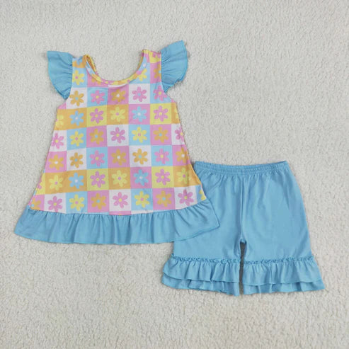 5.24 GSSO2623 Baby Girls Blue Flutter Sleeves Flowers Plaid Tunic Ruffle Shorts Set
