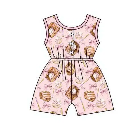 5.2  Custom Baby Girls Pink Sleeveless Button Baseballs Bows Jumpsuits(MOQ 3)