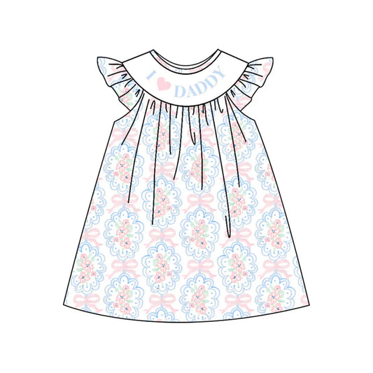 3.23 GSD2227 Baby Girls Short Ruffle Sleeves Blue Bows DADDY'S GIRL Knee Length Dresses Preorder