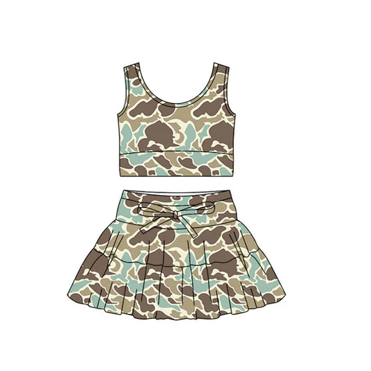 12.9 MOQ:5pcs GSD3307 pre-order toddler girl clothes camo print girl yoga summer skirt set