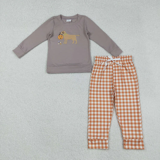 9.6 BLP1098 Embroidery Baby Boys Halloween Ghost Pumpkins Dog Top Orange Plaid Pant Set