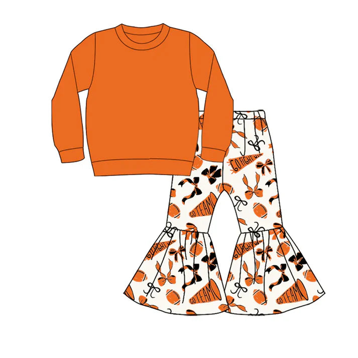 9.5  Custom Moq 5 Baby Girls Orange Top Team Cheer Go Fight With Flag Bows Bell Bottom Pants Sets