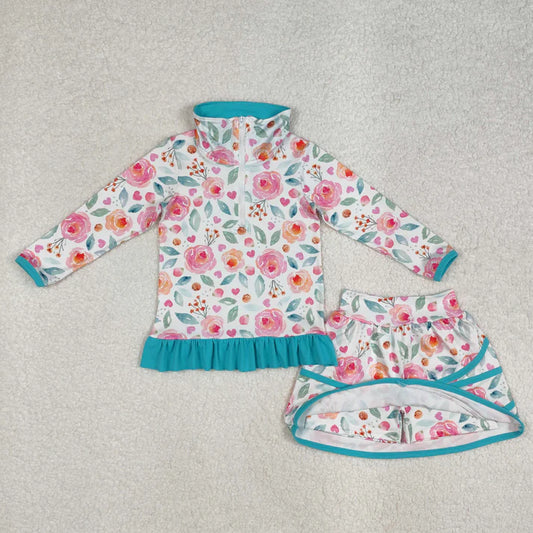 L-3.7 GLD1009 Baby Girls Blue Flowers Jacket Skorts 2pcs Set