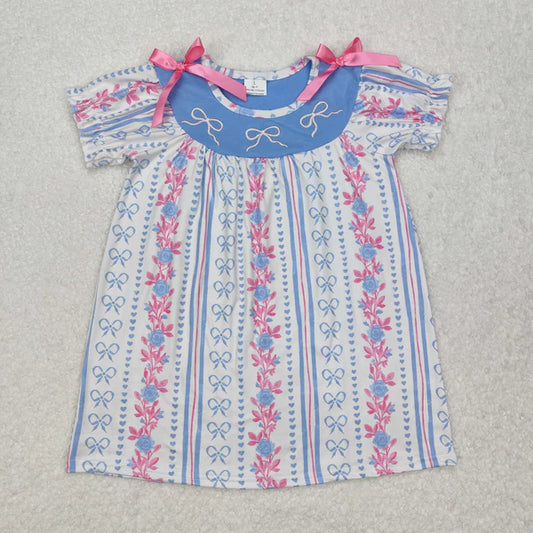 L-3.2 GSD1520 Baby Girls Blue Pink Bows Knee Length Dress