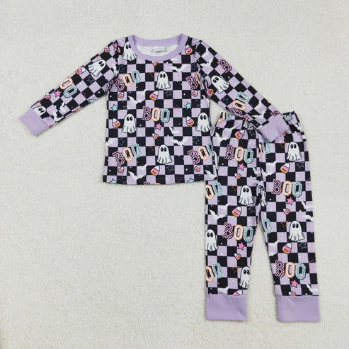 9.10 GLP2684 Baby Girls Black Plaid Ghosts Candy Top Pants Halloween Pajamas Set