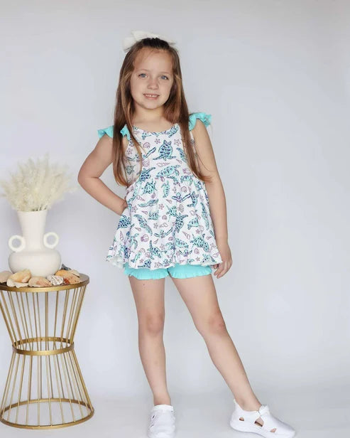 6.19 GSSO2608 Baby Girls Flutter Sleeves Tortoises Shell Tunic Ruffle Short Set Preorder