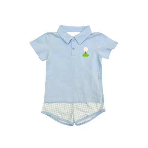 3.20 BSSO1409 Baby Boys Light Blue Short Sleeves Button Golf Shirt Plaid Shorts Sets preorder