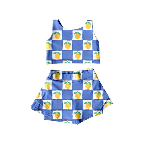7.7 Custom Moq 3 Baby Girls Blue Plaid Sleeveless Lemons Print Top Skorts Set