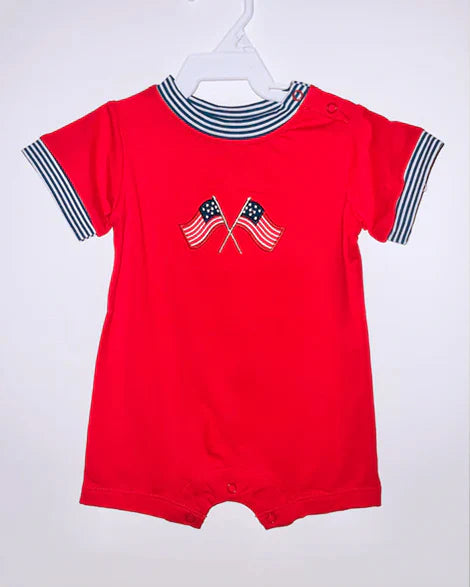 3.20 SR2904 Baby Infant Boys Red Short Sleeves Flags 4th Of July Rompers Preorder