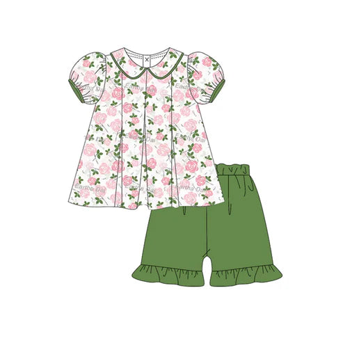 3.22  GSSO2381 Baby Girls Pink Floral Tunic Green Ruffle Short Set Preorder