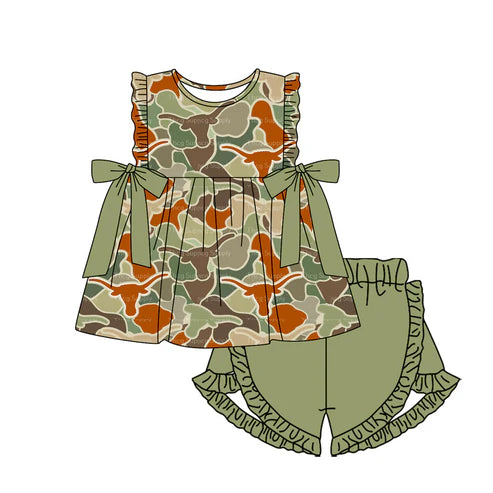 GSSO1677 Baby Girls Green Cow Camo Bows Tunic Ruffle Shorts Clothes Sets Preorder