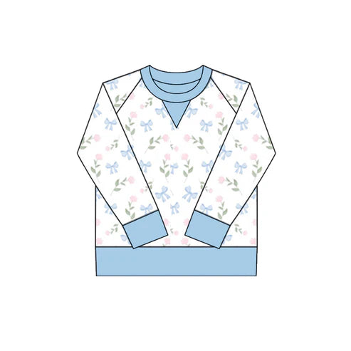 10.18  GT1295 Baby Girls Pink Blue Bows Flowers Long Sleeve Yoga Tee Shirts Top Preorder