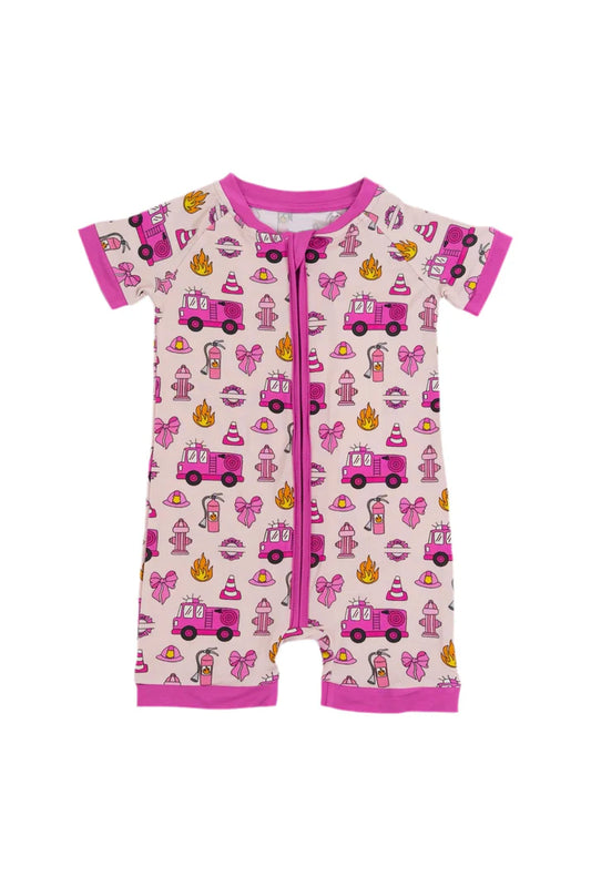 6.13 SR3131 Baby Girls Short Sleeves Hot Pink Firetrucks Zipper Rompers Preorder