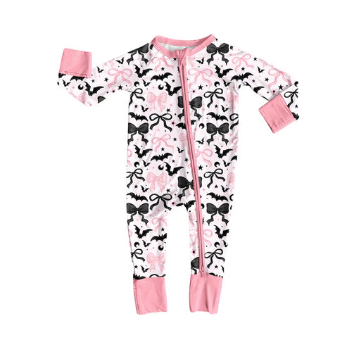 8.5 LR2536 Baby Girls Bows Bats Plaid Halloween Zipper Footie Rompers Preorder