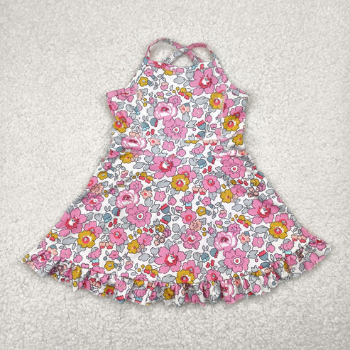 4.29 GSD2278 Baby Girls Pink Strap Floral Yoga Ruffle Knee Length Dress