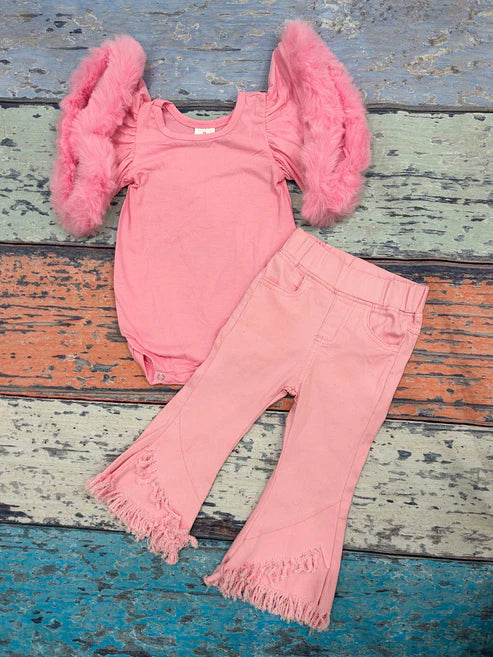 3.14 SR0583+P0463 Baby Girls Pink Velvet Valentines Distressed Denim Pants Clothes Set