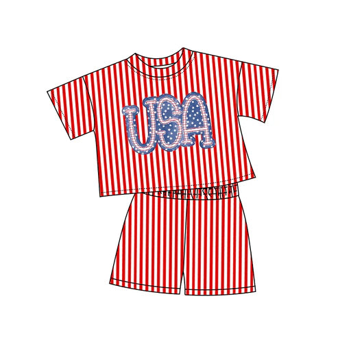 4.22 GSSO2577 Baby Girls Red Stripe USA Top Short 4th Of July Pajamas Set Preorder